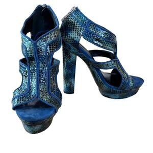 Rachel Zoe Heels Size 8 Peggy‎ Style Real Snakeskin Kid Suede Blue Black Zipper